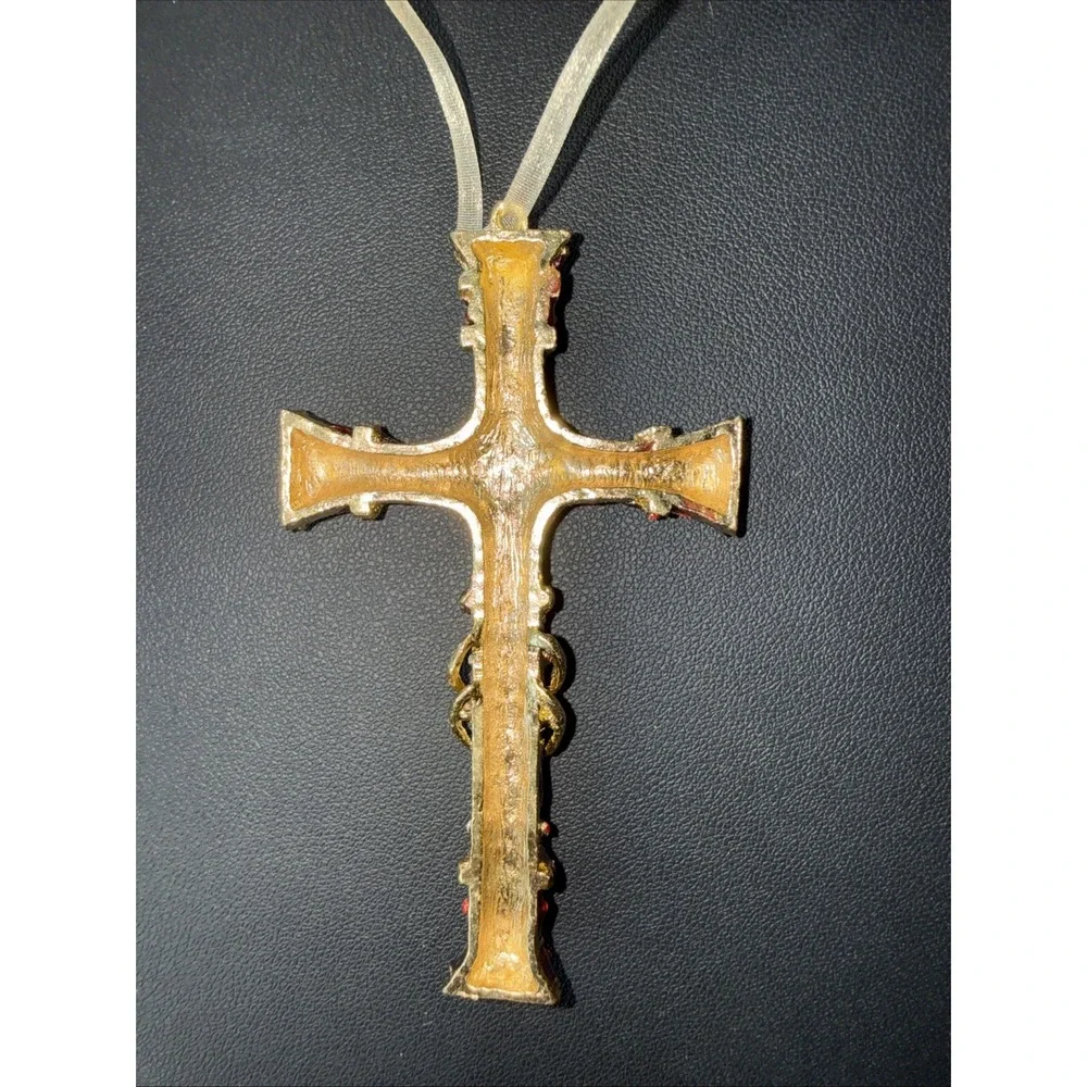 Jeweled Cross Ornament Gold Tone Blue Green Stones Rhinestones 4x5